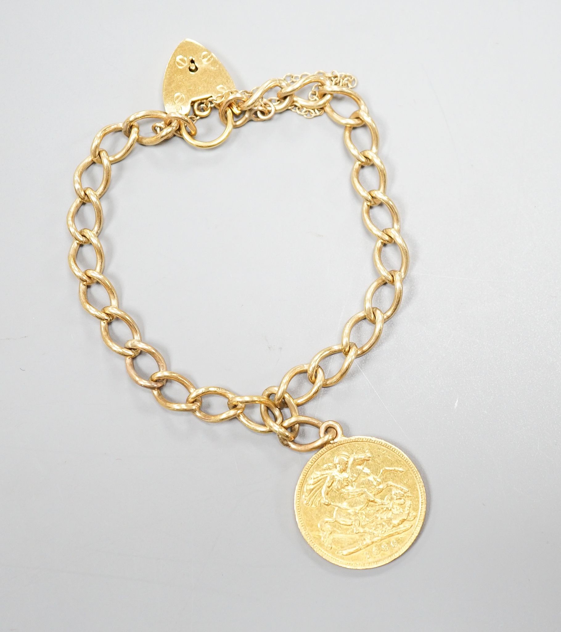 An 1896 gold half sovereign, mounted on a 9ct gold bracelet, gross 12.1 grams.